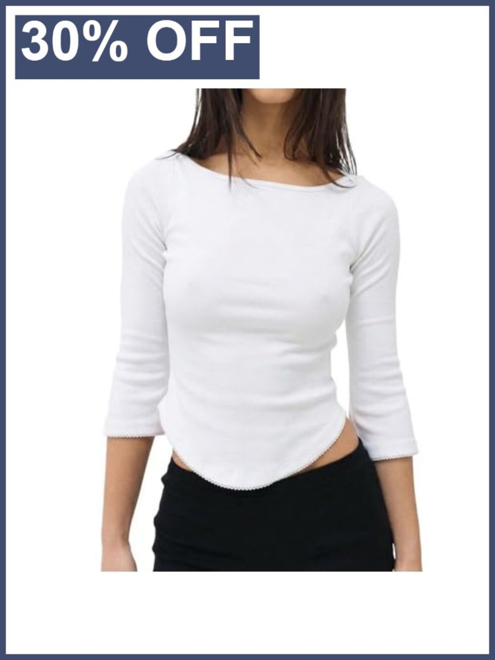 Y2K Boat Neck 3/4 Sleeve Crop Tee Picot Trim Slim Fit Curved Hem Top